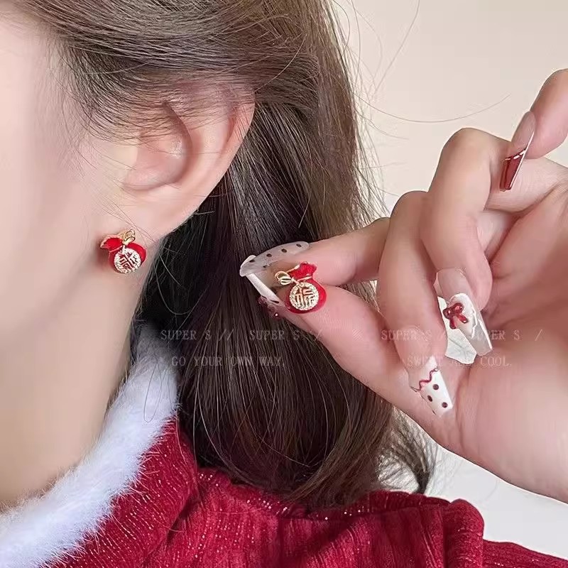 Chinese-style "Fu" character red lantern, pearl pendant, stud earrings, unique design sense for women, lucky bag, peace lock, autumn and winter earrings details Picture