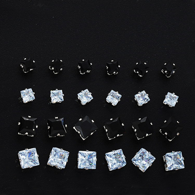 A 12-piece set of fashionable geometric square zirconia stud earrings from Europe and America, featuring a light luxury and creative high-end feel for women details Picture