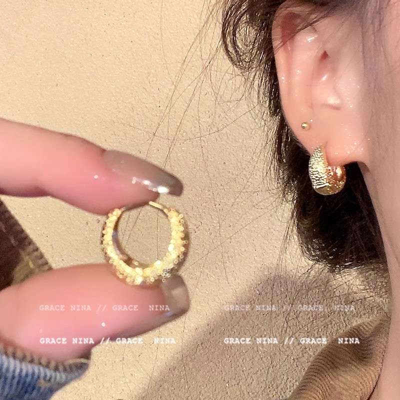Sparkling starlight matte plain ring earrings, women's light luxury and high-end feel, niche design, unique style, ear ring earrings and accessories details Picture