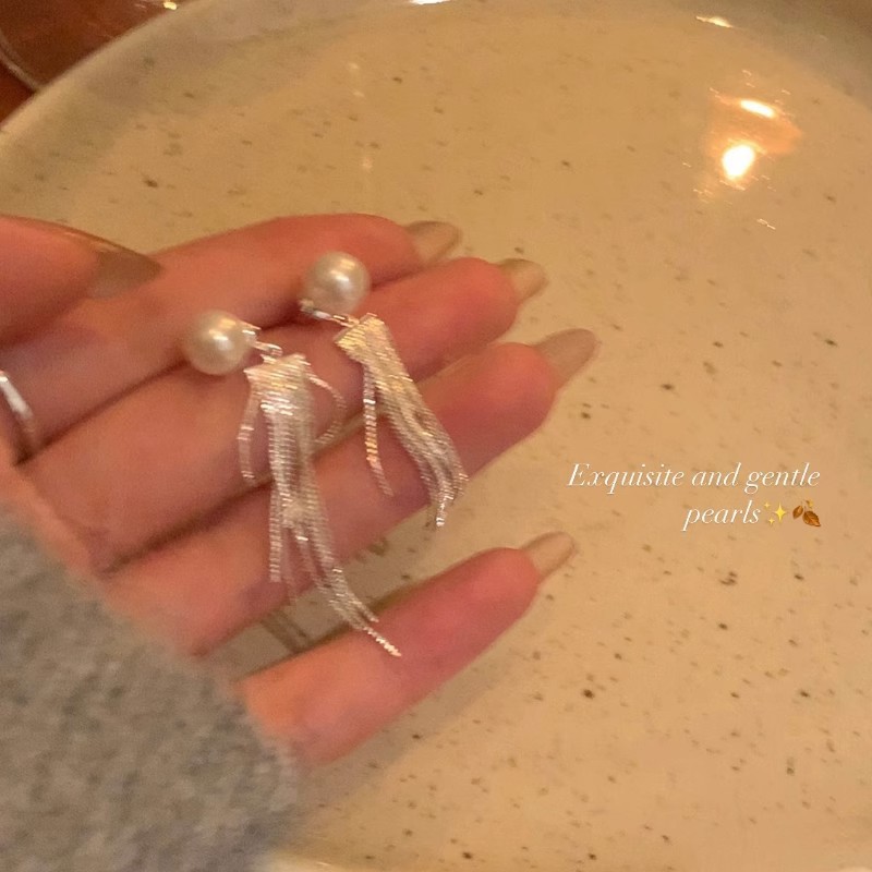925 Silver Needle Pearl tassel earrings, unique and niche design, light luxury and high-end feel, stud earrings, elegant earrings wholesale details Picture