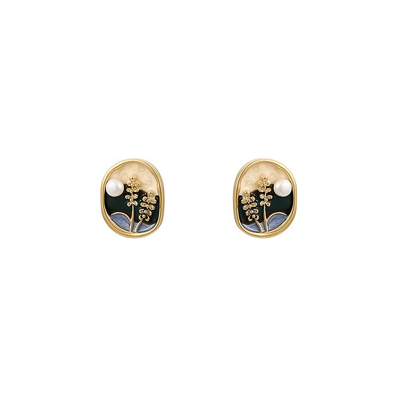 Monet Garden Baroque Pearl Stud Earrings for Women, retro round earrings, oil painting series earrings, 2025 New bestsellers Item Picture