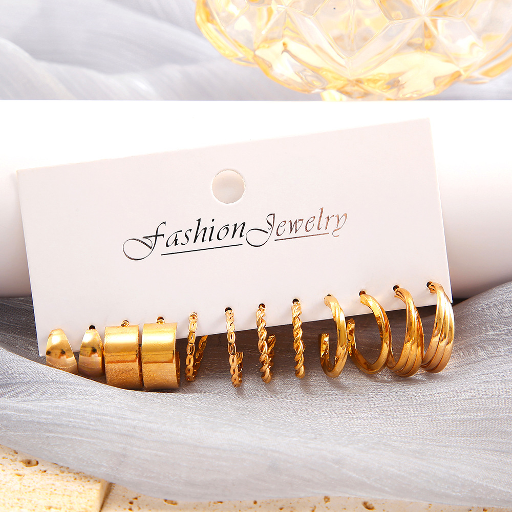 New cross-border personalized ins ear ring, European and American style golden C-shaped earrings, diamond-embedded ear ring chain earrings 6-piece set Specification drawing