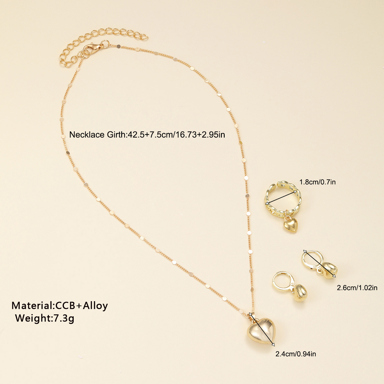 New cross-border fashionable and creative heart-shaped earrings, rings, necklaces and other high-end women's jewelry from Europe and America with a sense of design Specification drawing