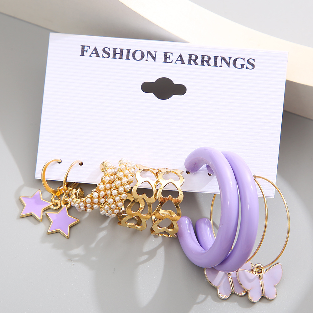 A 5-piece purple butterfly earring set for European and American export, with a retro style and a high-end look like pearl earrings Specification drawing