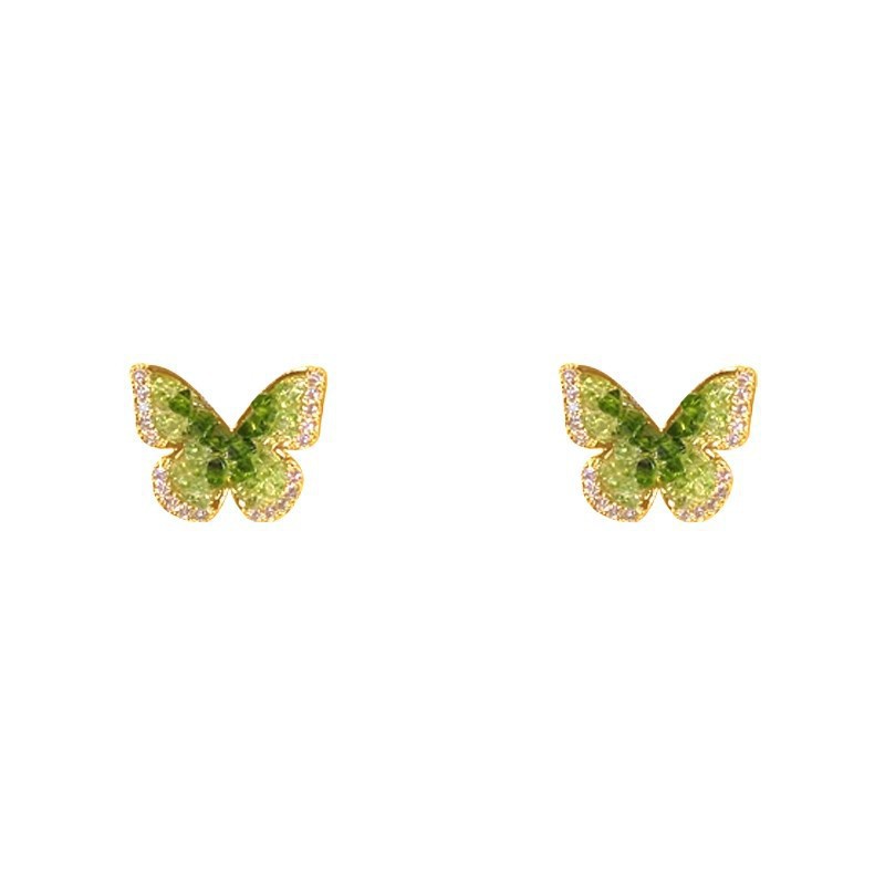925 Silver Needle Forest-themed green Crystal butterfly Stud Earrings, a niche design with a high-end feel, light luxury and exquisite earrings for women Item Picture