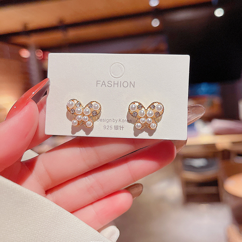 S925 Silver Needle Korean Edition Summer New simple butterfly Zircon pearl Stud earrings for women, super fairy-like design for women Specification drawing
