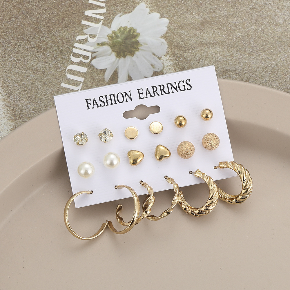 Wholesale of new and simple cross-border earrings from Europe and America. Creative, simple and retro imitation pearl circle stud set, 9 pairs Specification drawing