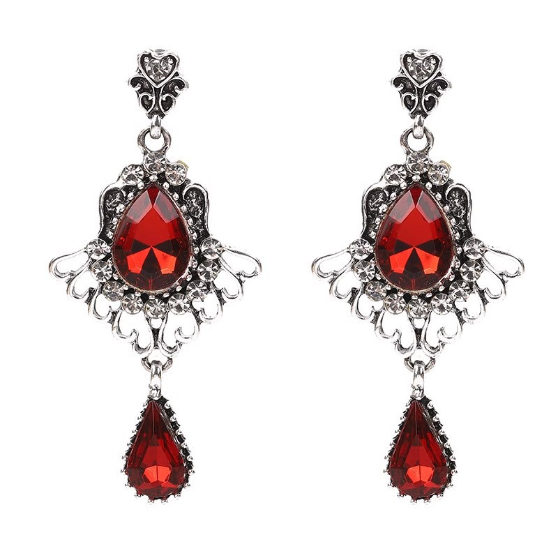 Retro court red teardrop earrings, women's Hong Kong-style light luxury gemstone tassel earrings, versatile and elegant evening stud earrings Item Picture