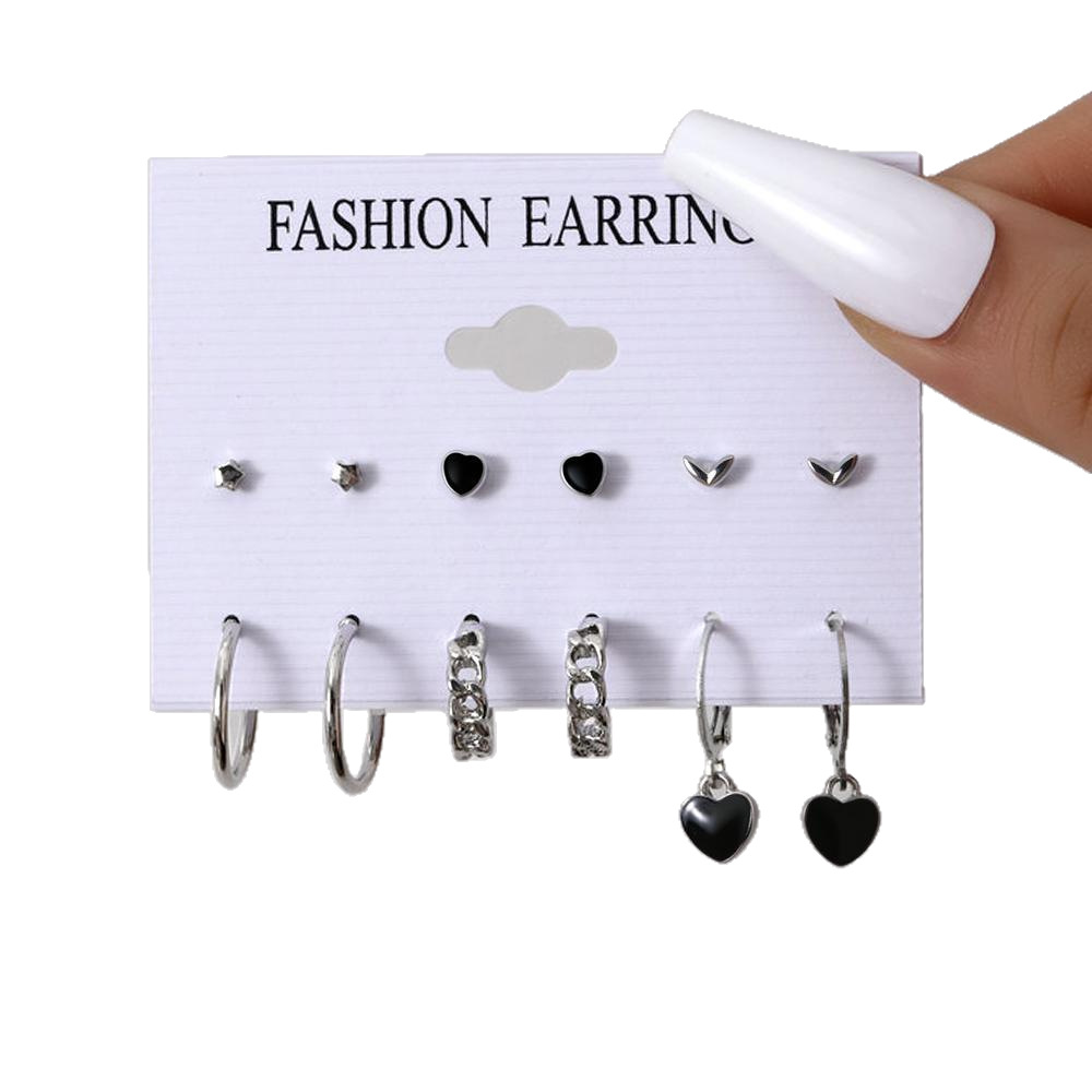 Cross-border European and American style stainless steel silver circle earrings, ear buckles, women's niche design, fashionable and trendy heart six-piece set Item Picture