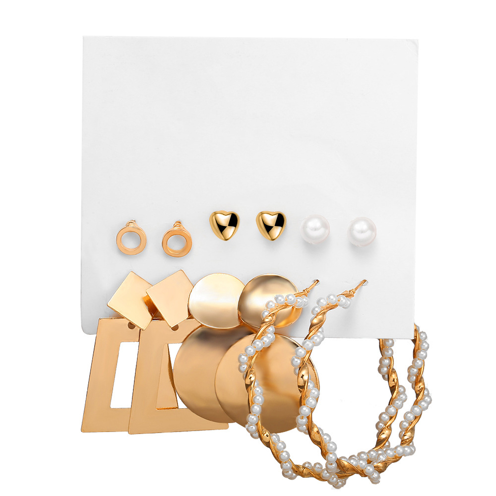 A new cross-border earring set of 6 pairs from Europe and America, featuring creative metal geometric imitation pearl circular stud earrings Item Picture