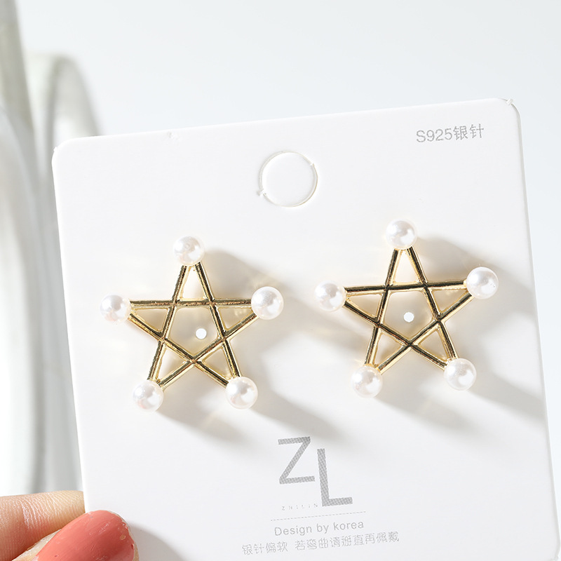 S925 Silver Needle Korean style simple five-pointed star pearl sweet girl Versatile stud earrings Specification drawing