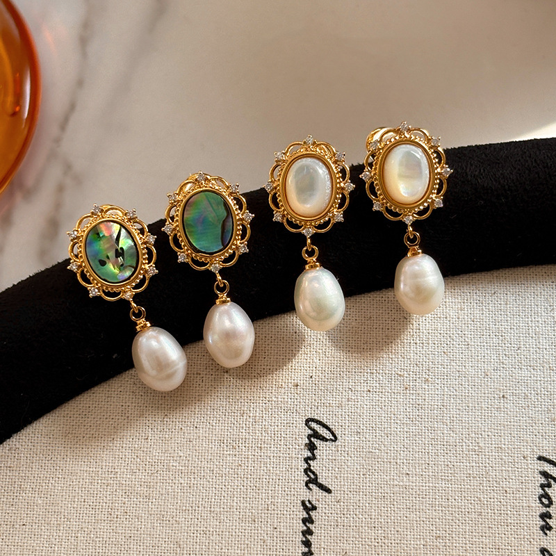 vintage silver needle earrings, real gold electroplated round flower glass pearl stud earrings with a high-end feel details Picture