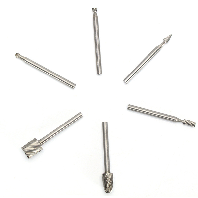 Woodworking milling cutter, special-shaped high-speed steel, electric grinding engraving, rotary file, tea tray, root carving, grinding head 6PC manufacturer Specification drawing