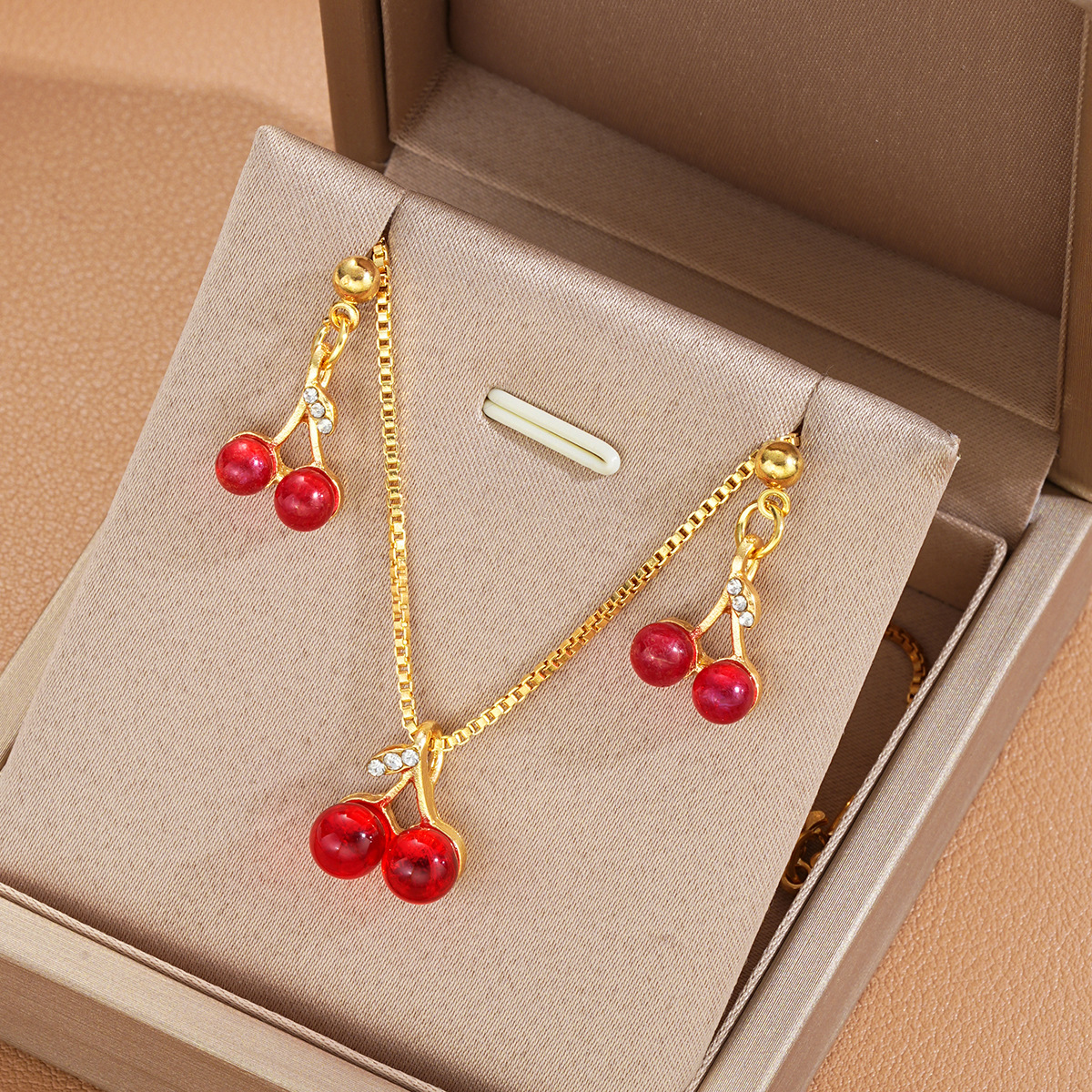 New cross-border best-selling, high-end, creative and cute cherry earrings and necklace set, light luxury and niche box chain accessories Application Scenario