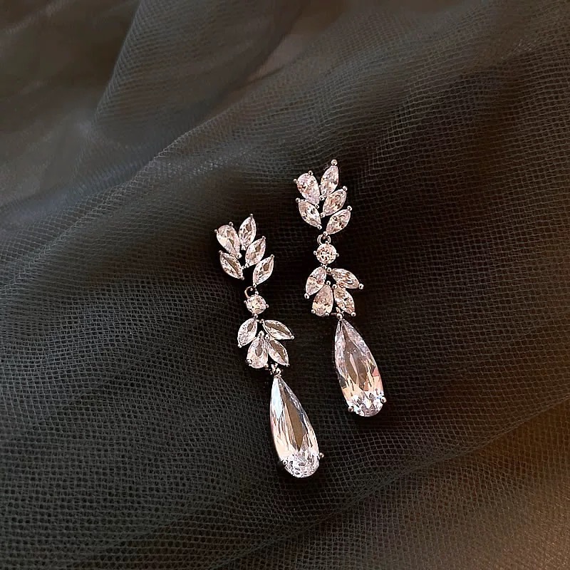 Super Sparkling Wheat Ear Zircon water drop Earrings, women's exquisite and niche design sense earrings and stud S925 silver needle earrings details Picture