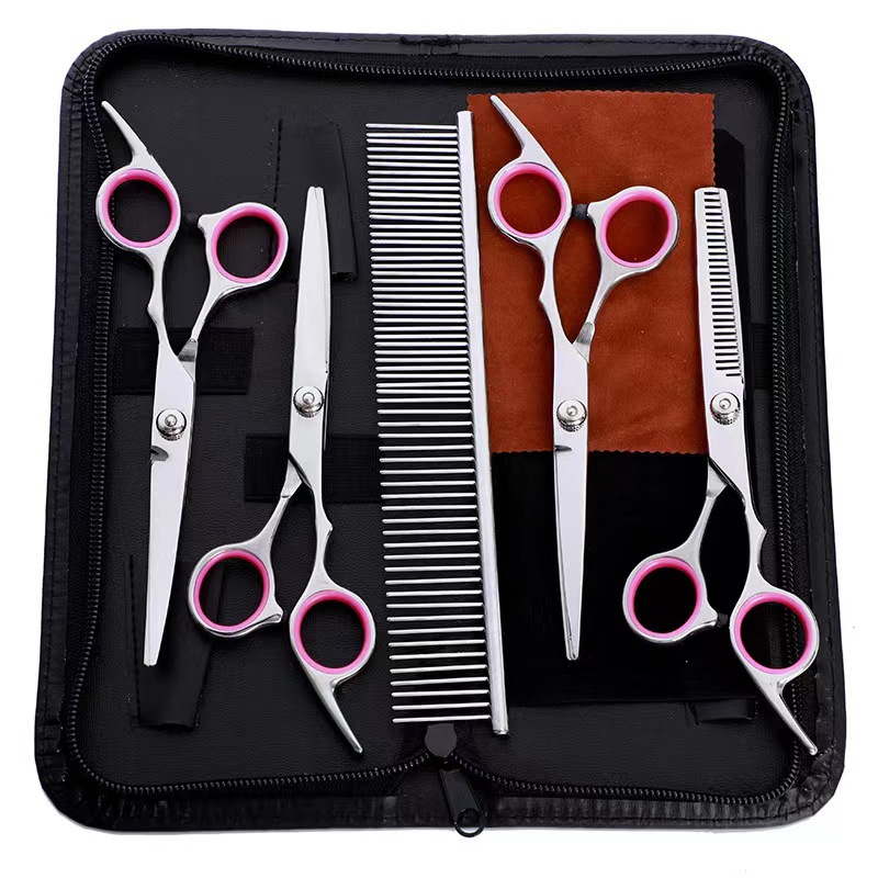 Pet scissors set, dog scissors, hair scissors, flat scissors, curved scissors, teeth scissors, upper and lower curved scissors, fish mouth scissors, blue caps, pink caps wholesale Specification drawing