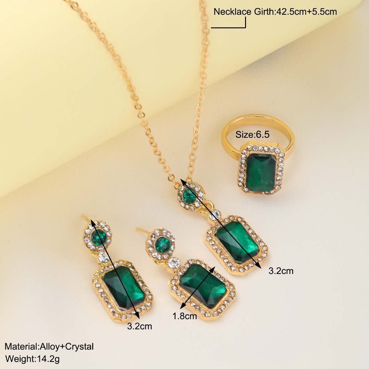 Cross-border European and American best-selling, niche, high-end design sense emerald gemstone, light luxury style stud ring necklace set details Picture