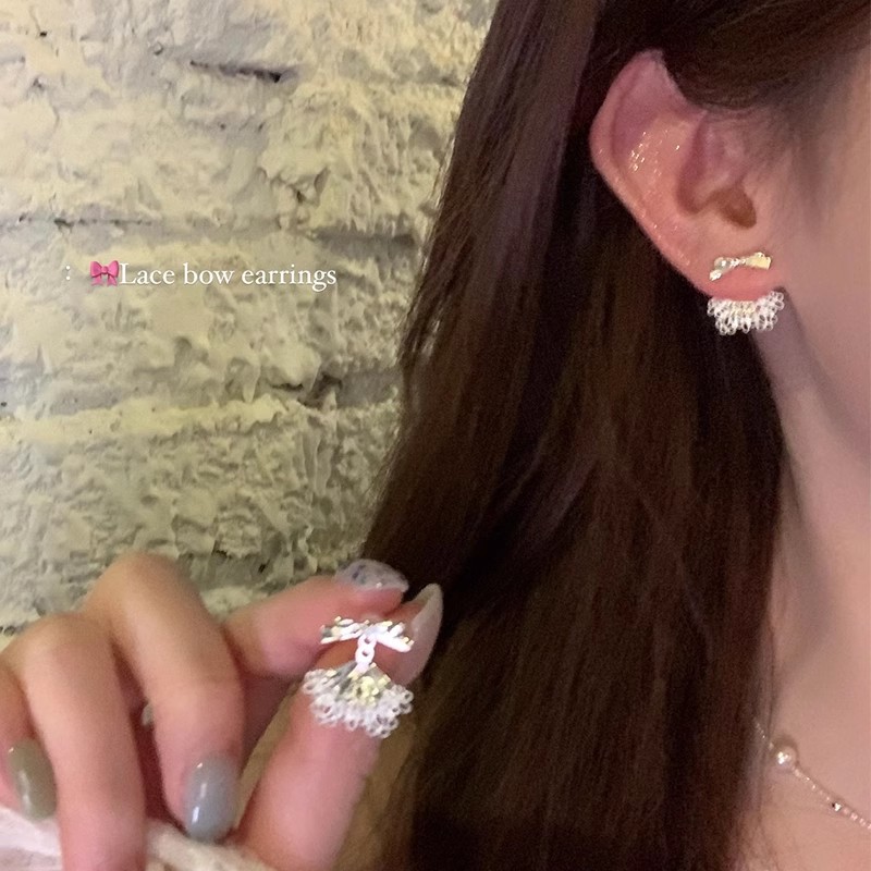 Lace little dress, bow earrings, women's niche design, exquisite stud earrings, unique and beautiful light luxury earrings details Picture