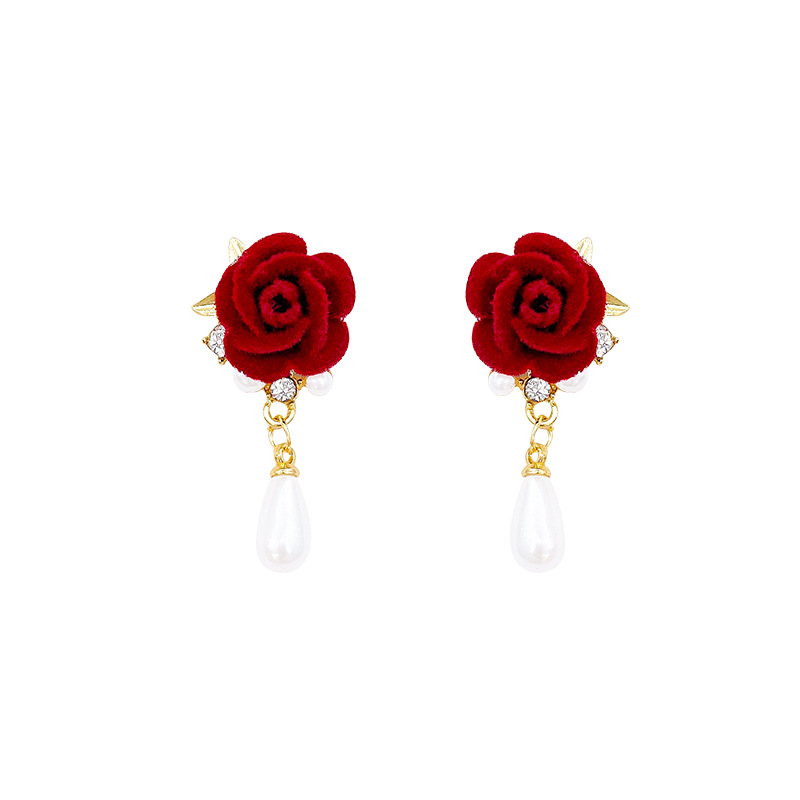 925 Silver Needle Rose French Retro velvet Flower Pearl Earrings, women's light luxury high-end, ethereal and exquisite earrings Item Picture
