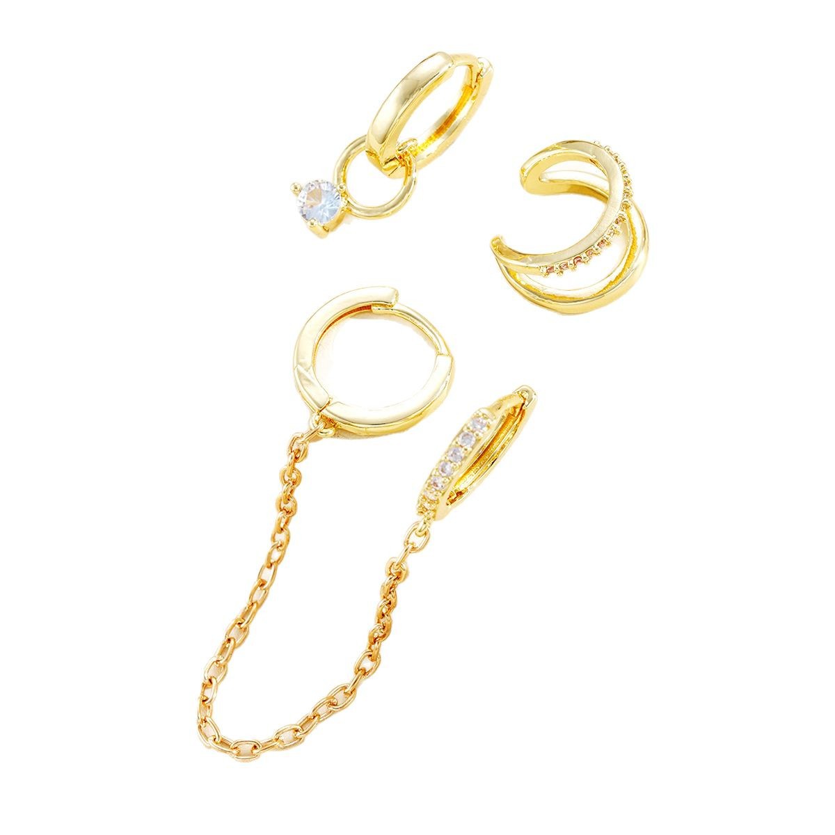 European and American cross-border creative diamond zircon copper earrings 3-piece set, ear ring chain earrings, light luxury high-end earrings for women Item Picture