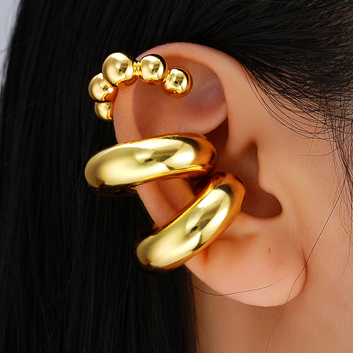Wholesale of new high-end and exquisite earrings for cross-border trade from Europe and America. 3-piece set of gold niche women's round bead C-shaped earrings full figure