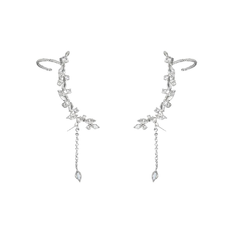 Silver needle Super fairy Zircon ear bone clips, ear studs, women's water drop tassel earrings, elegant, niche and high-end ear clip accessories Item Picture