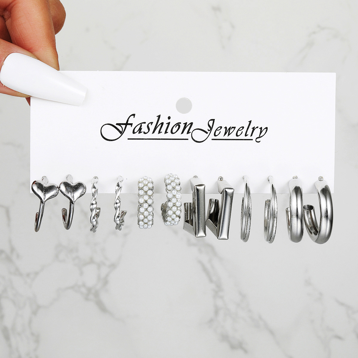 A new cross-border InS-style C-shaped creative and simple heart-shaped imitation pearl geometric earrings 6-piece set, retro pearl earrings Specification drawing