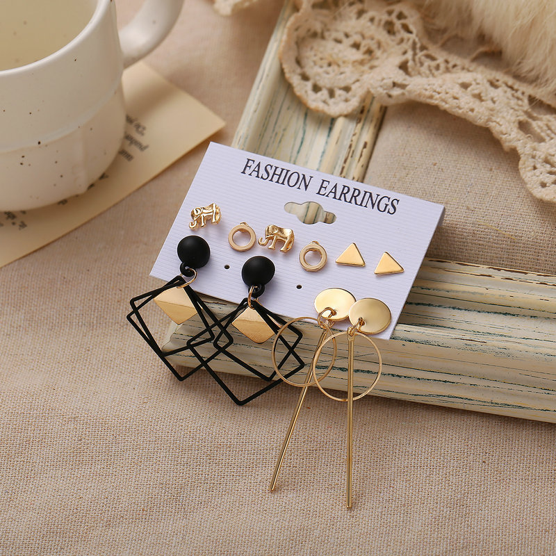 New cross-border elephant-shaped rhombic ring stud earring set of 5 pairs, creative retro and simple alloy earrings for women details Picture