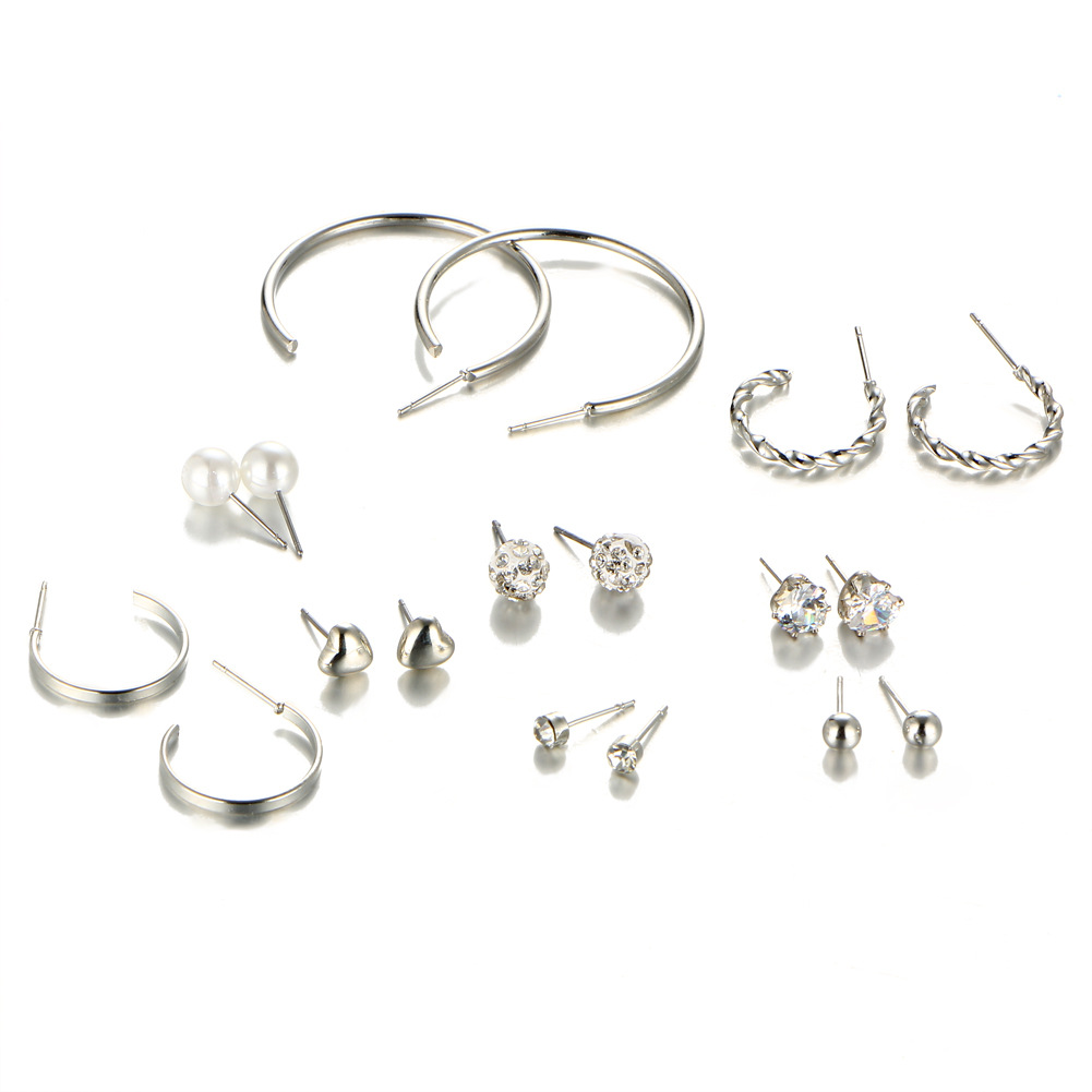 European and American cross-border wish Rock exaggerated metal ear ring 9-piece set, ear stud set, crystal earring combination for women Item Picture