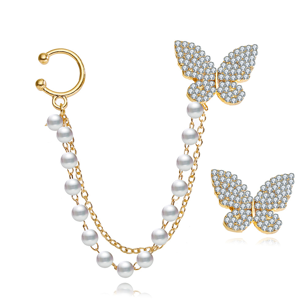 New cross-border full-diamond butterfly stud earrings, creative and simple imitation pearl chain ear clips, fashionable dot diamond earrings 2-piece set Item Picture