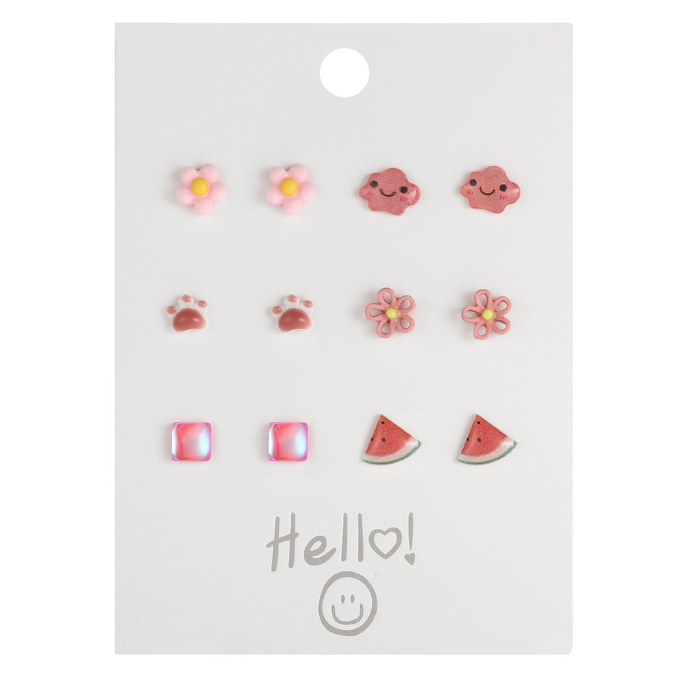 New cross-border ins colorful fruit, butterfly and flower ear stud 8-piece creative small accessory card earring set Item Picture