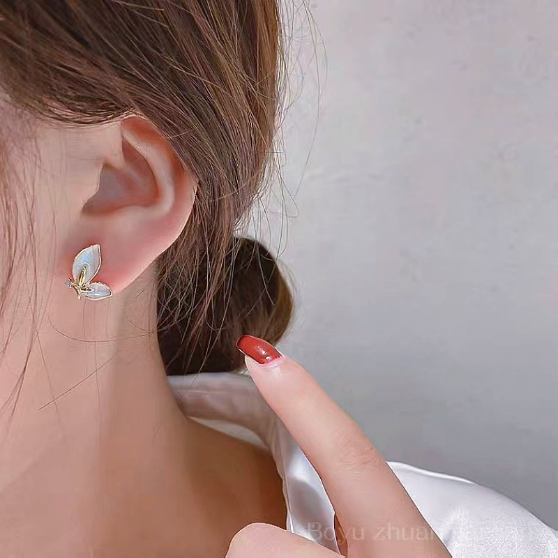 925 Silver Needle, super ethereal butterfly earrings, women's oil drop, unique design sense, stud earrings, ins style, niche and simple earrings details Picture
