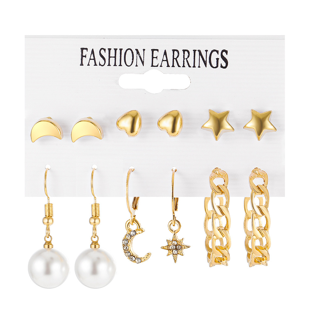 A new cross-border pearl chain earring set of 6 pieces, creative heart-shaped moon and five-pointed star stud earrings, in an ins style for women Application Scenario