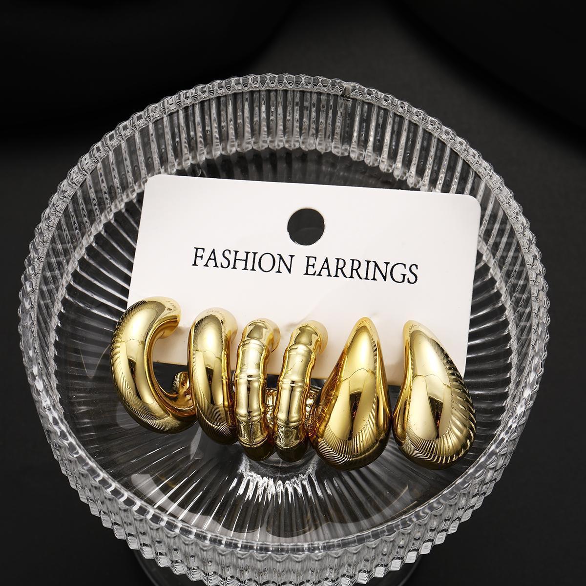 New cross-border fashion CCB water drop bamboo joint earring set from Europe and America, golden simple and light luxury earrings wholesale 3-piece set Application Scenario