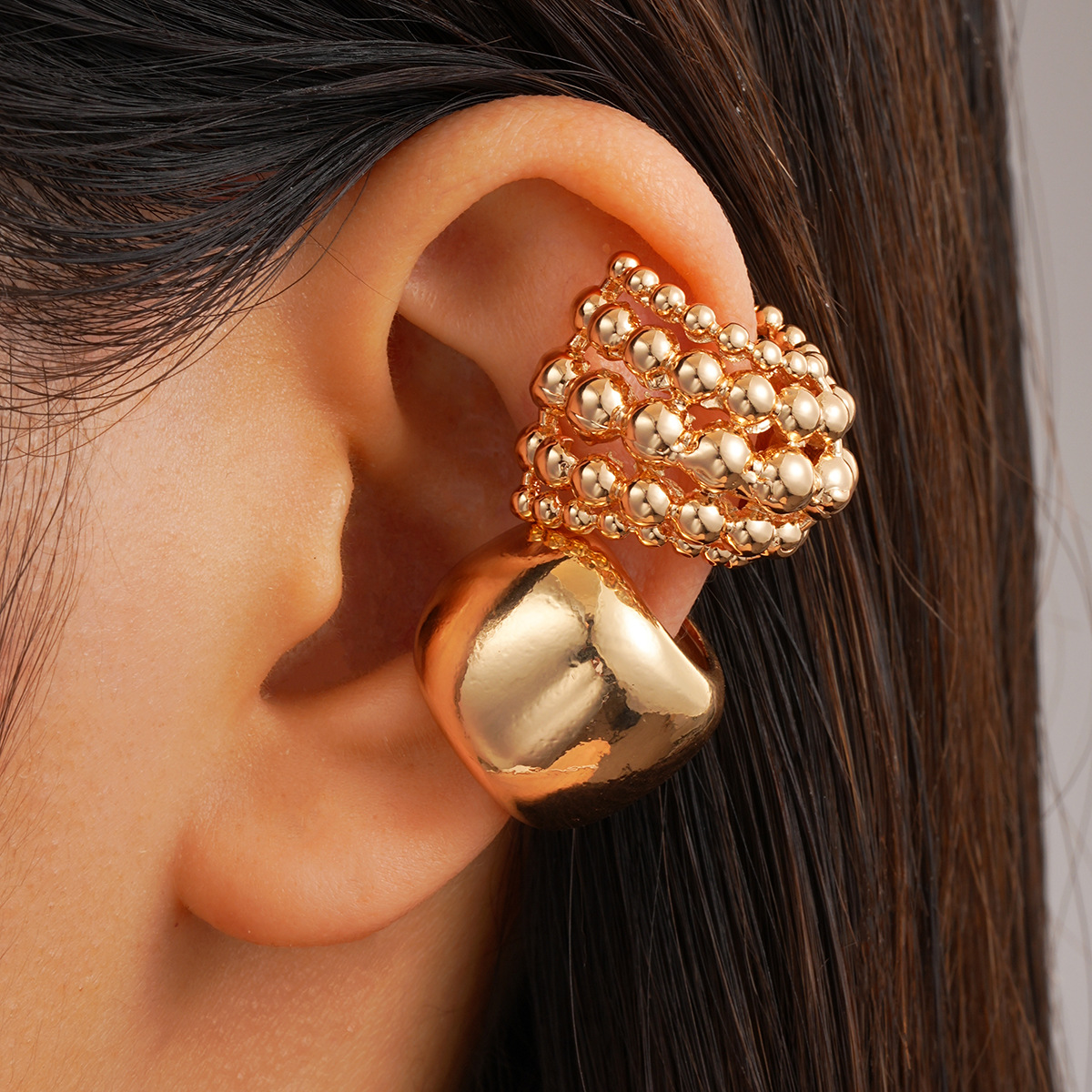 SHEIN's new cross-border C-shaped semi-circular beaded copper ear clip 2-piece set, simple and individual, no ear hole ear bone clip wholesale full figure