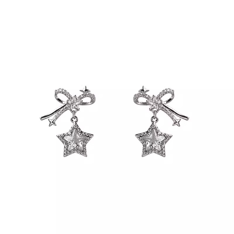 Silver needle micro-inlay bow star earrings, sweet and cool for girls, versatile stud earrings, Korean-style temperament, Internet celebrity personality earrings Item Picture