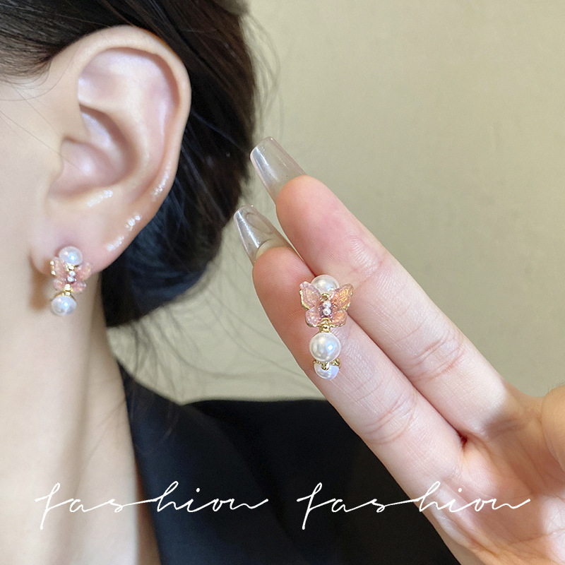 Mint green butterfly pearl stud earrings for women, sweet and elegant forest-style earrings, delicate and individual earrings, silver needles details Picture