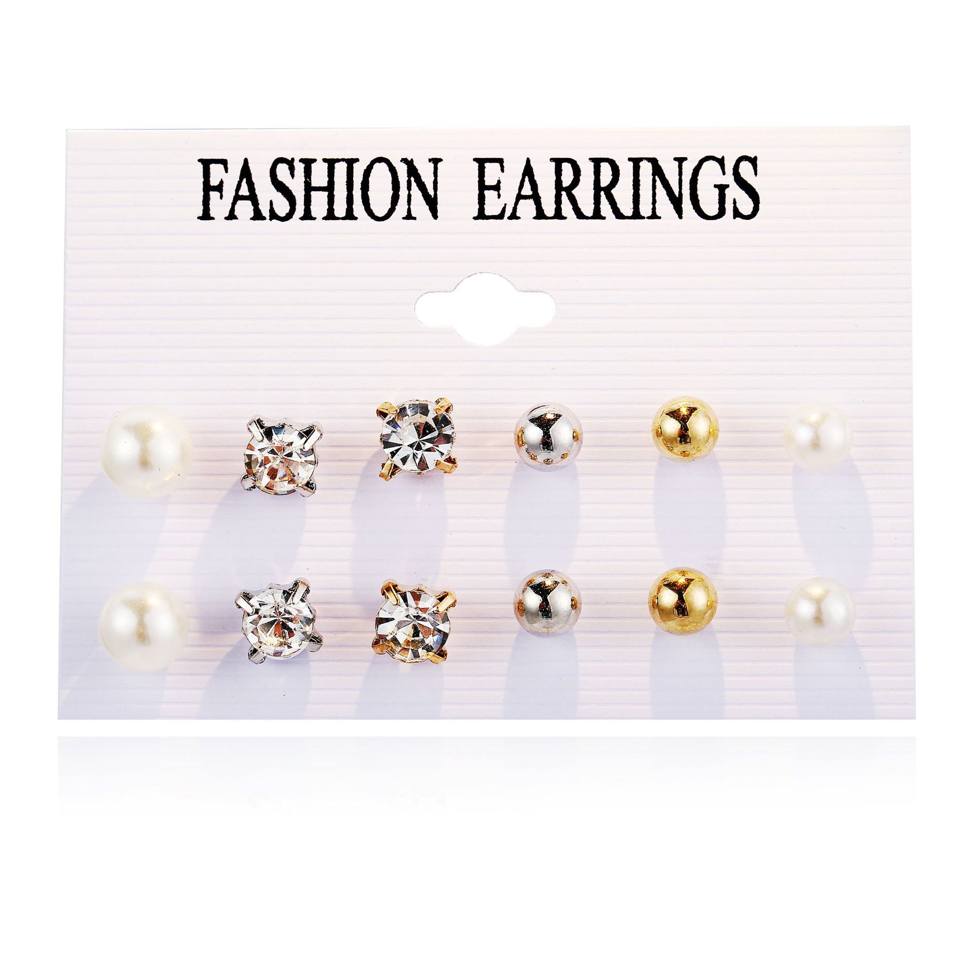 A new cross-border 6-pair set of zirconia stud earrings from Europe and America, featuring a retro and simple imitation pearl round ball earrings Specification drawing