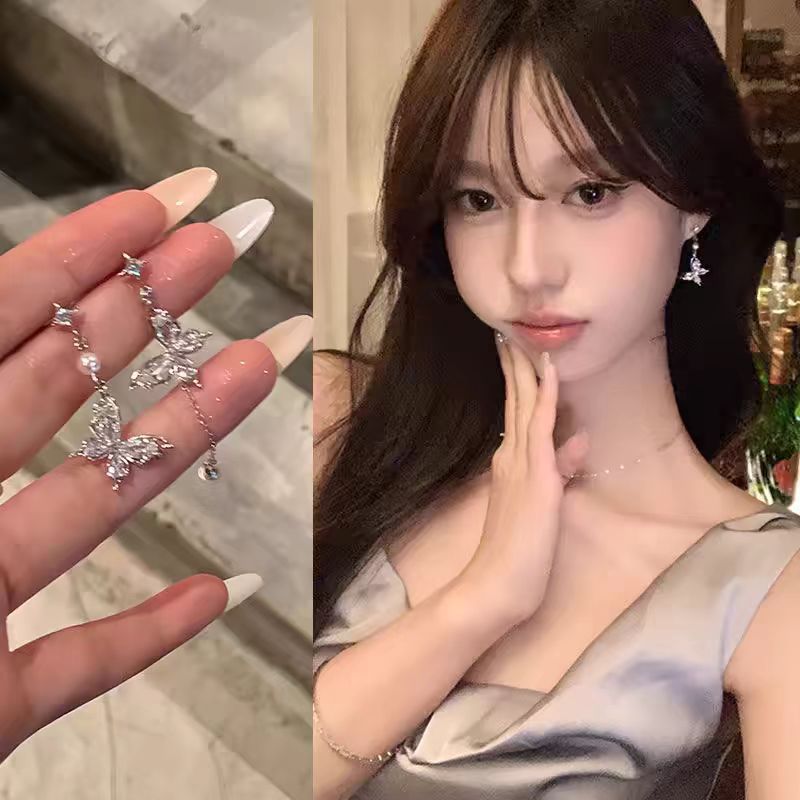 Super fairy butterfly asymmetrical tassel earrings for women, new 2024 light luxury high-end stud earrings, summer earrings and earrings full figure