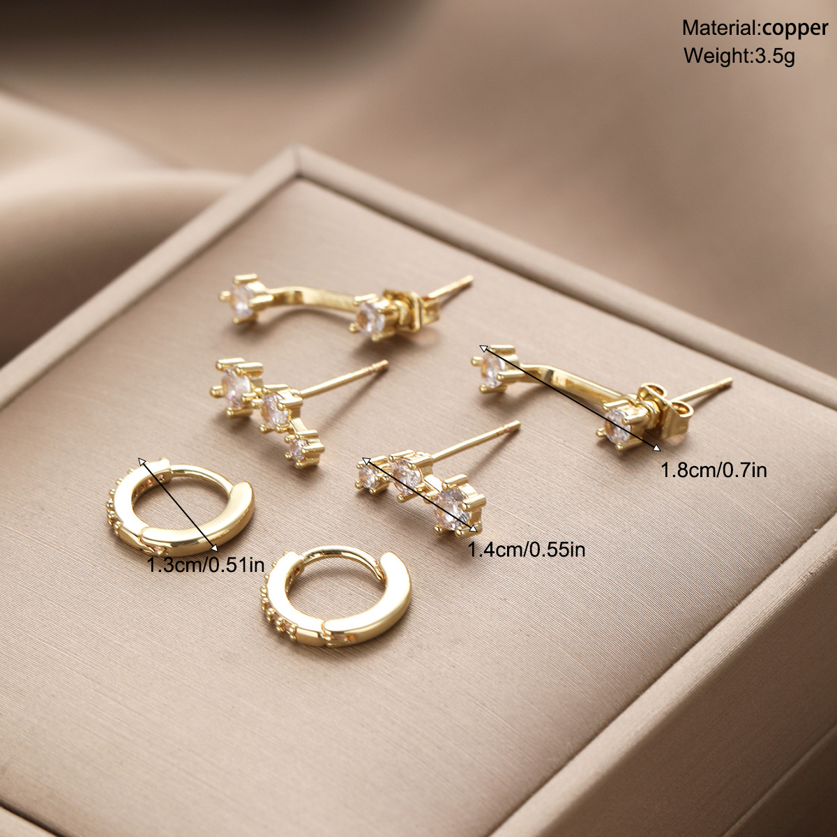 Cross-border TEMU popular fashion zircon copper earrings 3-piece set, elegant and light luxury women's stud earrings wholesale details Picture