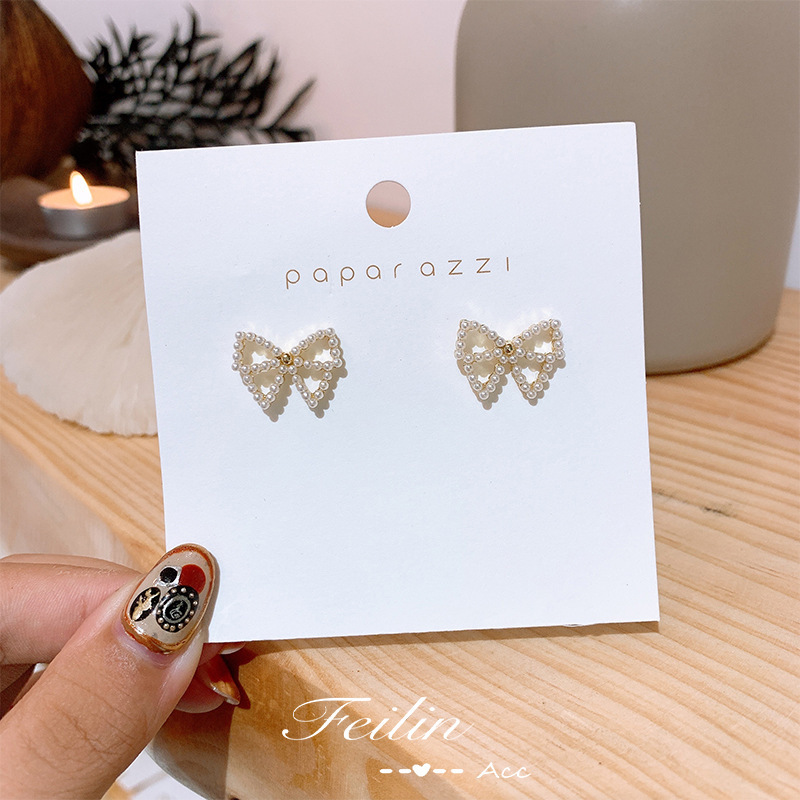 S925 silver needle, exquisite and elegant, pearl bow stud earrings, small and sweet, cross-border supply, fashionable earrings for women details Picture