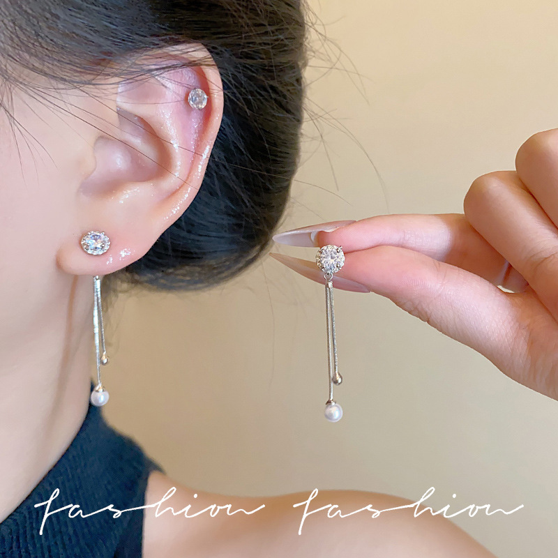 Micro-inlaid zircon flower tassel pearl stud earrings for women, light luxury, niche and high-end style earrings, long and personalized European and American earrings full figure