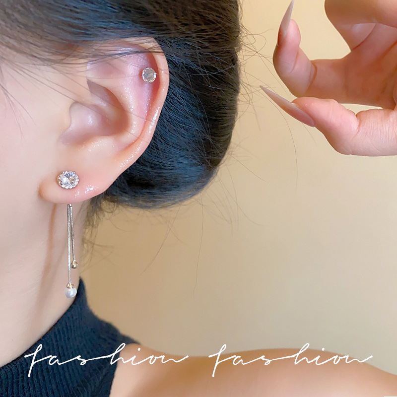 Micro-inlaid zircon flower tassel pearl stud earrings for women, light luxury, niche and high-end style earrings, long and personalized European and American earrings Specification drawing