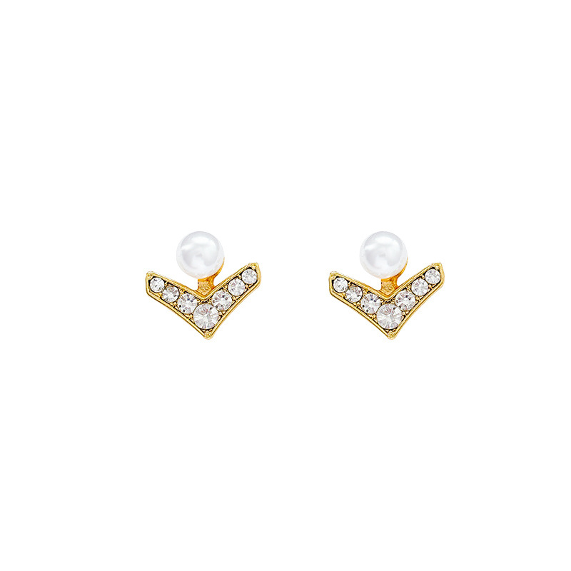 V-shaped pearl stud earrings for women, 2025 new style of broken diamond zircon high-end earrings, exquisite and versatile, face-enhancing small earrings Item Picture