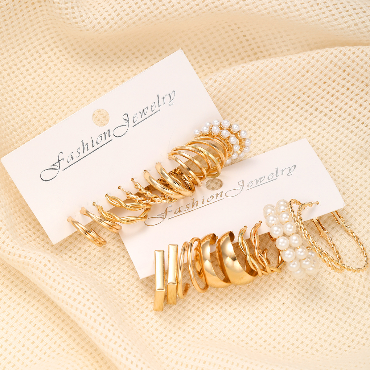 New cross-border personalized C-shaped geometric imitation pearl alloy earrings 12-piece set, ins ear rings, gold C-shaped earrings Specification drawing