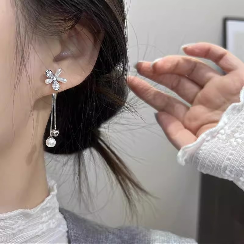 French fashion zircon flower stud earrings for women, long pearl tassel earrings, simple and elegant, versatile and high-end details Picture