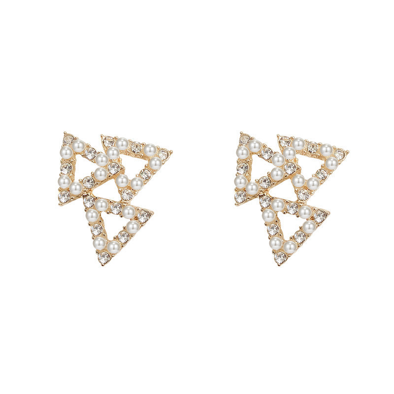 Factory direct sales s925 silver needle simple and elegant pearl stud earrings for women, small and personalized triangular stacked geometric earrings Item Picture