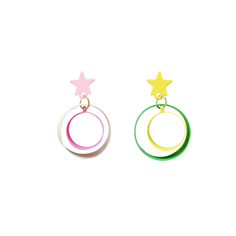 Asymmetrical five-pointed star circle earrings, a unique new type of earrings for women in 2025, a Korean-style trendy color-blocking earrings Item Picture