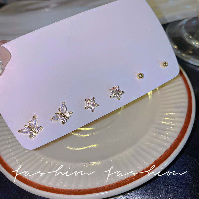 925 Silver Needle Star Butterfly Six-piece Set Zircon Stud Earrings for Women's Cold Style Zircon Stud Earrings High-end Set Earrings full figure