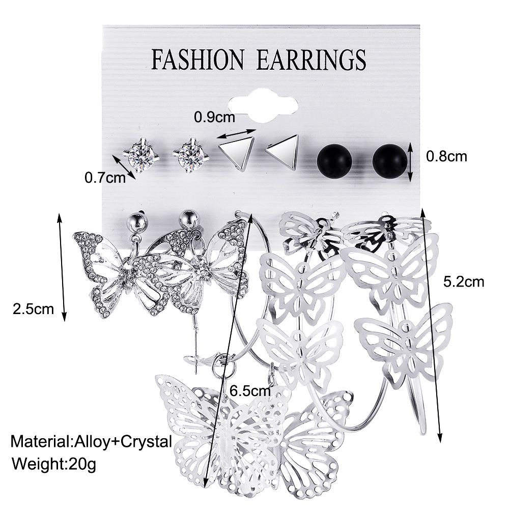 A new cross-border geometric dot diamond earring set from Europe and America, 6-piece set, creative hollowed-out butterfly earring set combination, Instagram details Picture